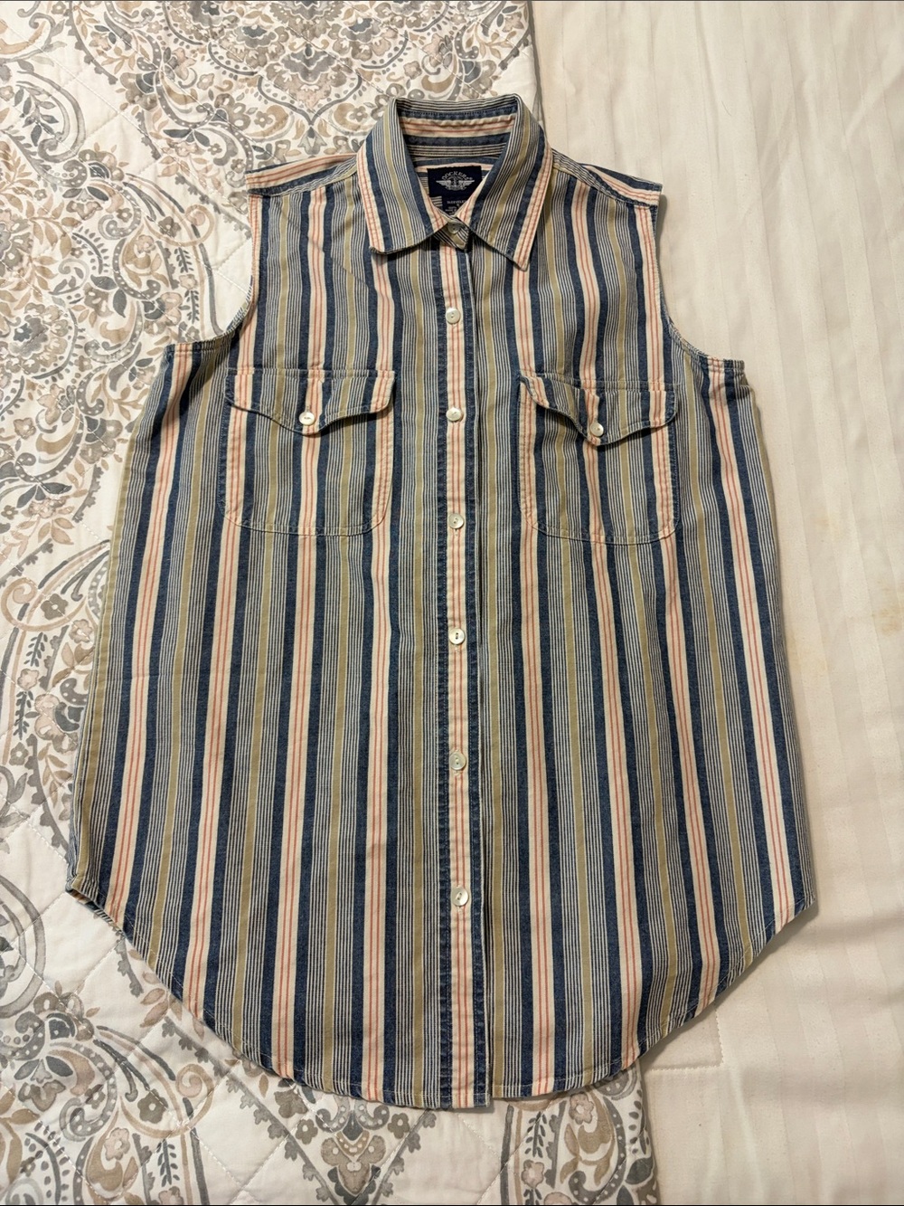 Vintage Dockers Striped Sleeveless Button-Down Shirt - Blue & Tan